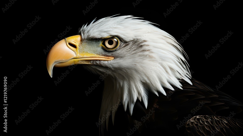 A stunning closeup of a Bald eagle against a deep black backdrop, showcasing its sharp features and fierce gaze. A stunning closeup of a Bald eagle against a deep black backdrop, showcasing its sharp features and fierce gaze.