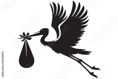 silhouette of stork holding a baby basket icon