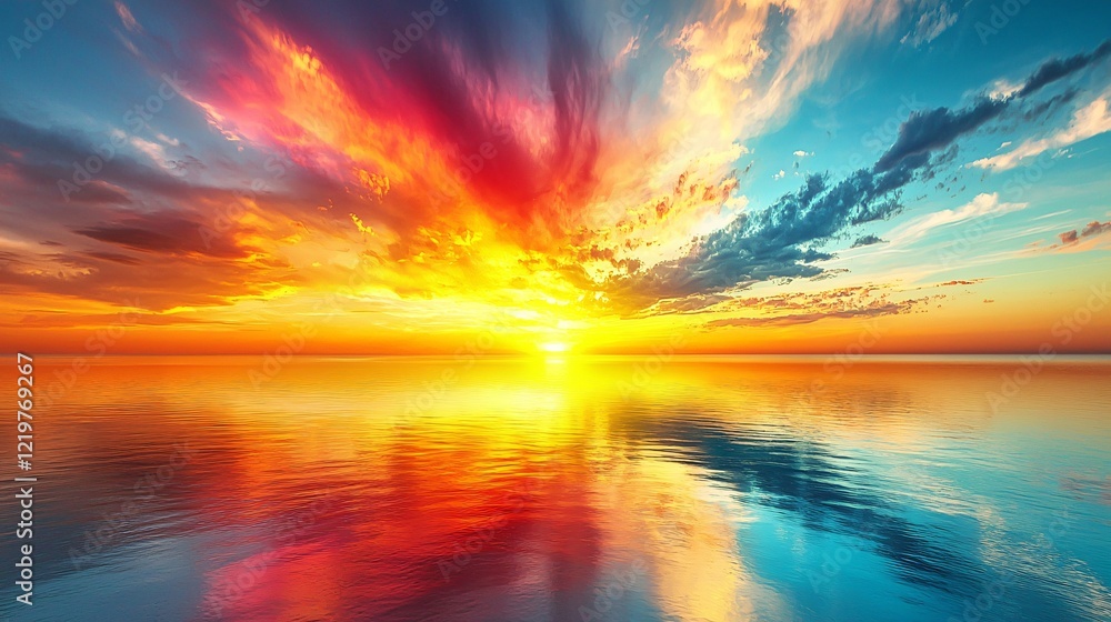 Vibrant sunset over calm ocean; serene sky reflection; travel poster Vibrant sunset over calm ocean; serene sky reflection; travel poster