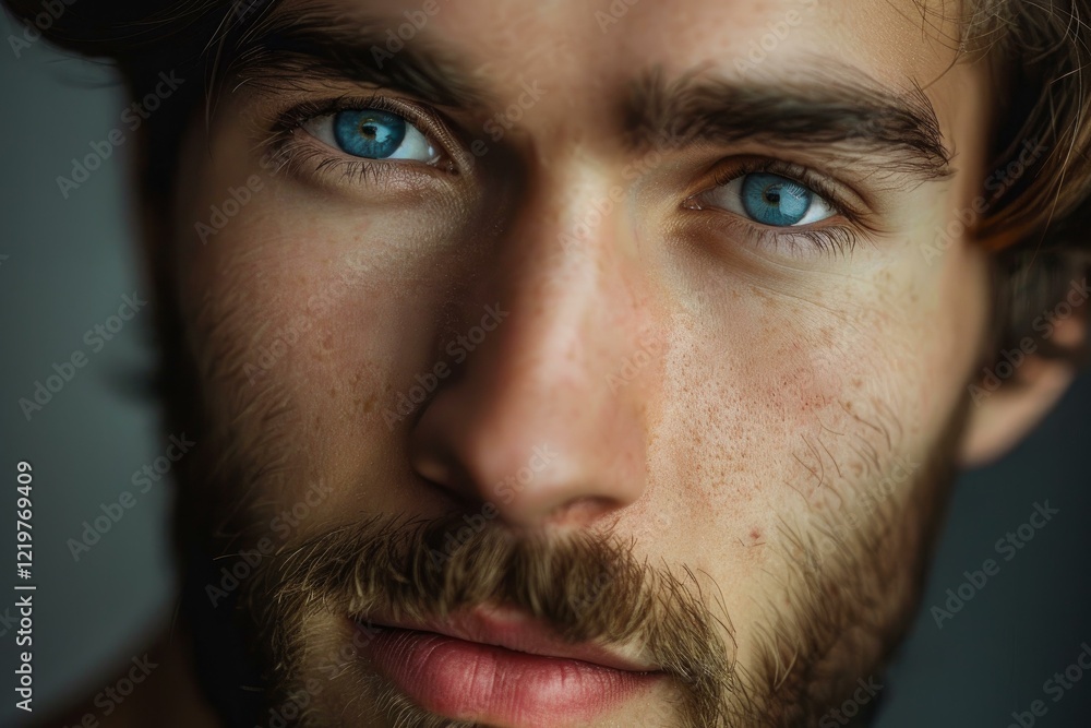 Fototapeta premium Close up portrait highlighting captivating blue eyes and mustache of a young man