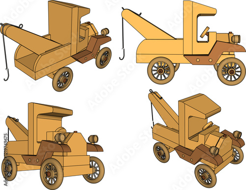vector illustration design drawing for children's toy classic vintage towing car made from traditional ethnic wood