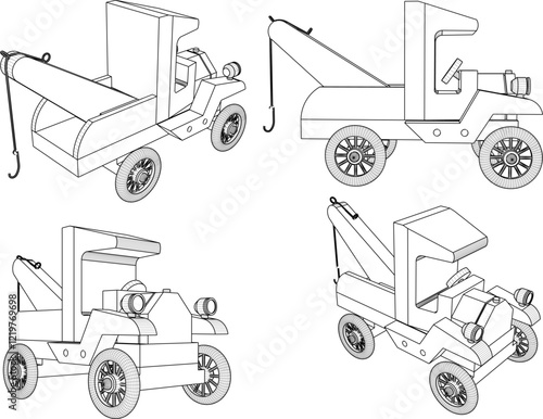 vector illustration design drawing for children's toy classic vintage towing car made from traditional ethnic wood