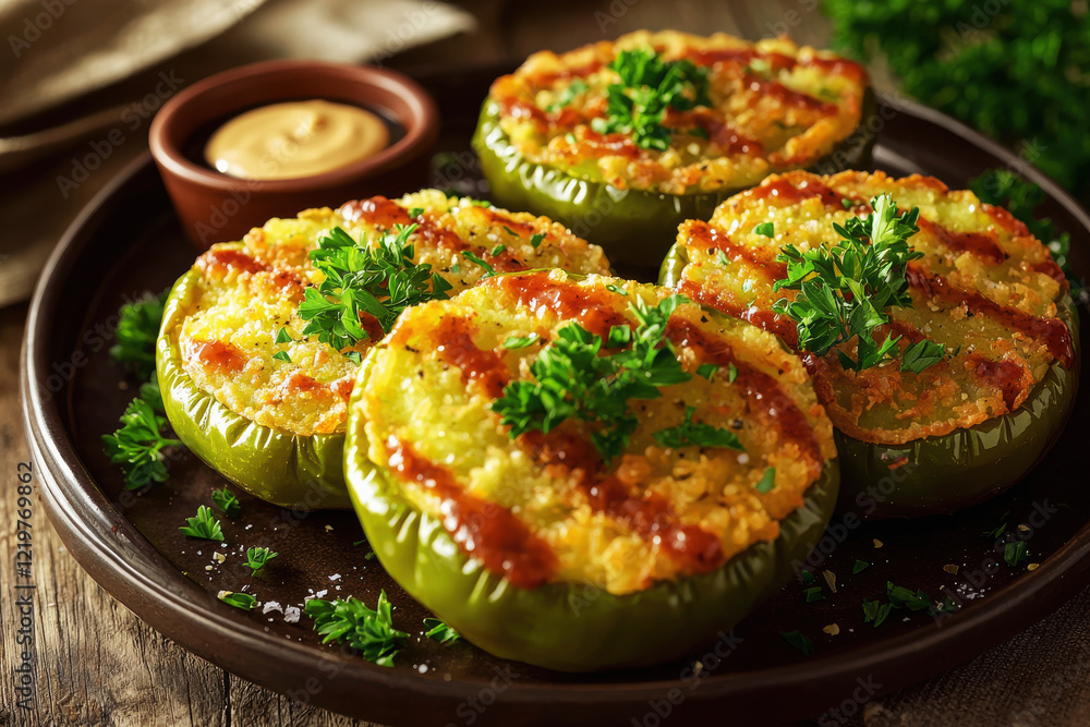 Crispy fried green tomatoes with dipping sauce served on a rustic wooden table under bright natural lighting Crispy fried green tomatoes with dipping sauce served on a rustic wooden table under bright natural lighting