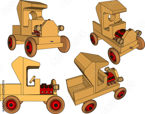 vector illustration design drawing of children's toy classic vintage car made from traditional ethnic wood