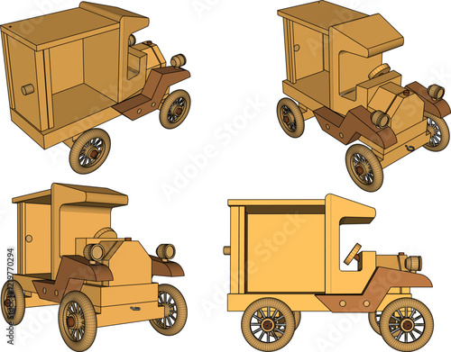 vector illustration design drawing of children's toy classic vintage car made from traditional ethnic wood