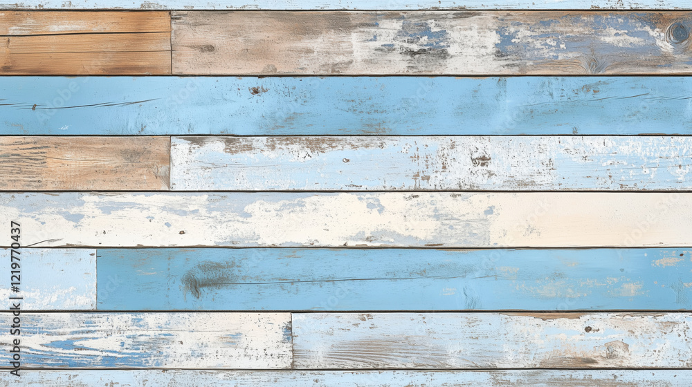 Naklejka premium A texture of painted wood planks, with peeling blue paint, exposed wood underneath, and a textured surface for a distressed, shabby-chic vibe