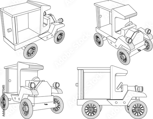 vector illustration design drawing of children's toy classic vintage car made from traditional ethnic wood