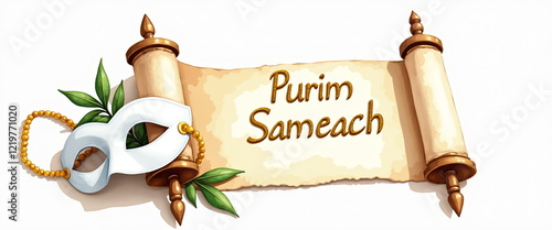 Purim Sameach scroll with mask and olive branch photo