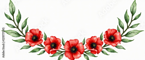 Watercolor red poppies and green leaves wreath
