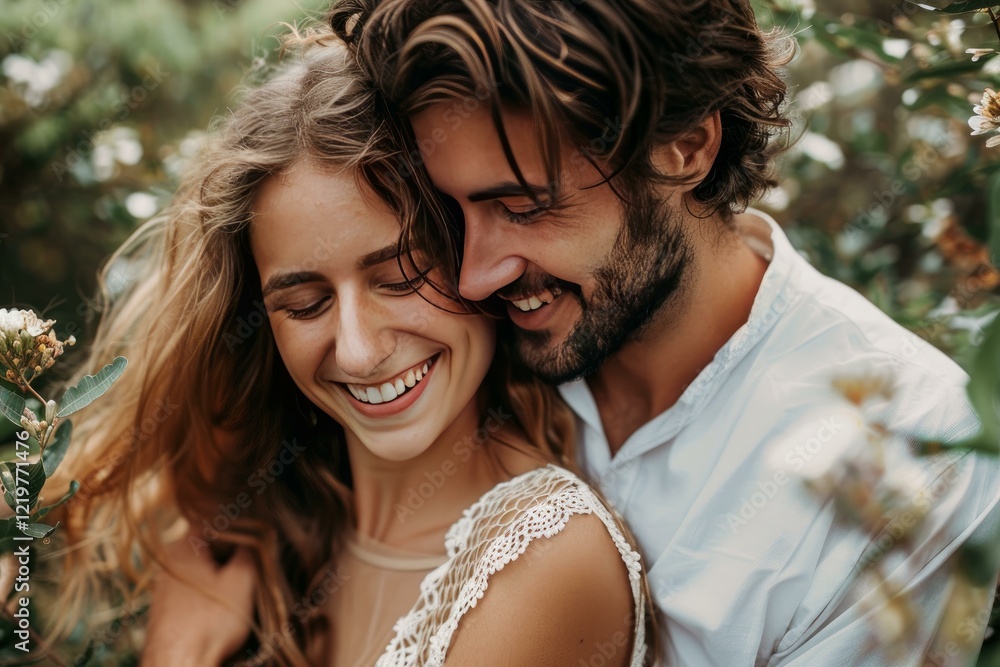Naklejka premium Romantic couple enjoying a tender moment together surrounded by nature