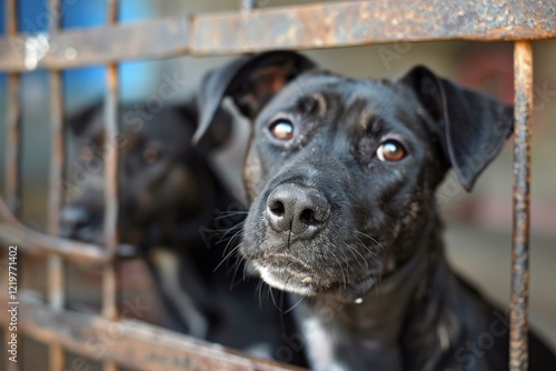 Portrait of two black dogs looking through rusty bars, hoping for a loving home photo