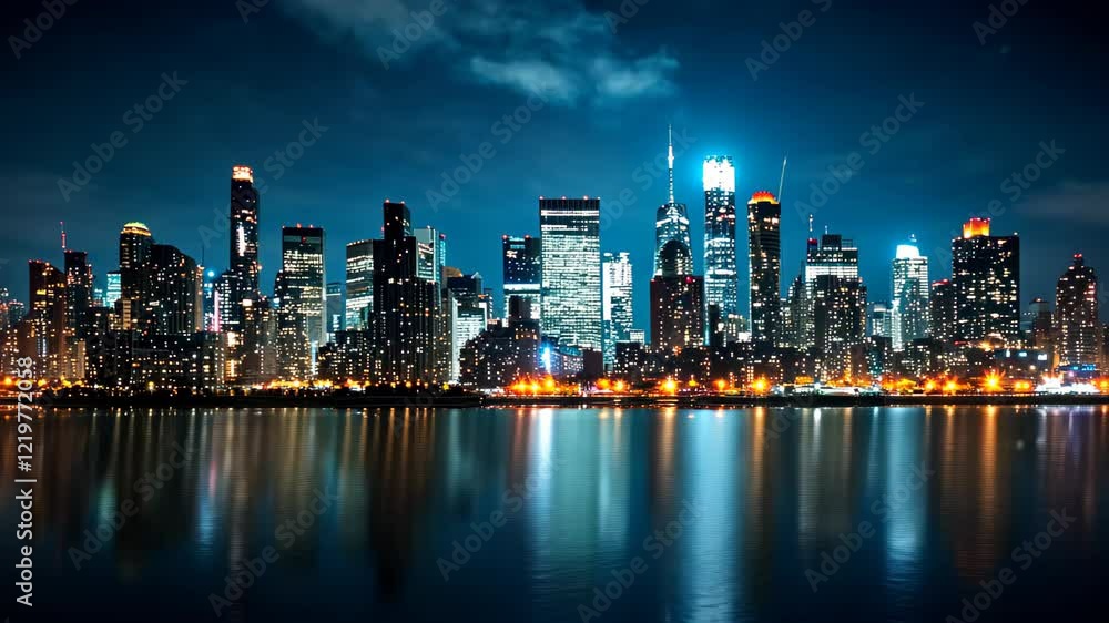 Enjoy a stunning city skyline night view with captivating reflections and a picturesque sky, Ai Generated. Enjoy a stunning city skyline night view with captivating reflections and a picturesque sky, Ai Generated.