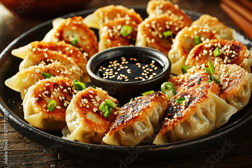 Golden pan-fried gyoza dumplings arranged beautifully with soy dipping sauce and garnishes in bright lighting photo