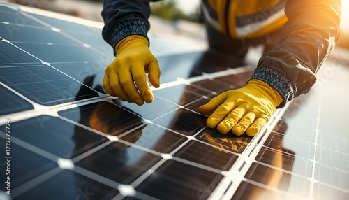 Solar panel installation, close-up of hands in yellow gloves, cleaning solar cells, sunlight reflection, photovoltaic technology, renewable energy, professional maintenance photo