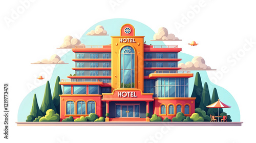 A grand, colorful building is depicted against a clear blue sky with fluffy white clouds. The architecture is a blend of classic and modern styles, featuring a grand entrance