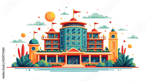 A grand, colorful building is depicted against a clear blue sky with fluffy white clouds. The architecture is a blend of classic and modern styles, featuring a grand entrance
