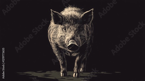 Majestic Wild Boar on Dark Background: Wide Angle Centered Composition photo