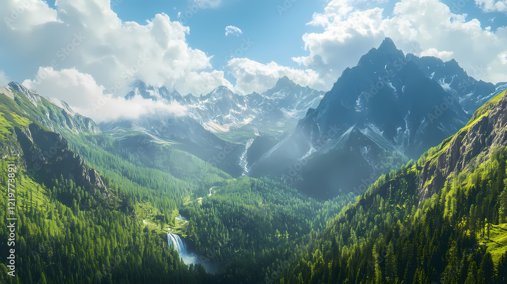 Fototapeta premium Breathtaking mountain landscape with cascading waterfall and lush green forest under a bright sky filled with fluffy clouds. Zenith Valley. Illustration