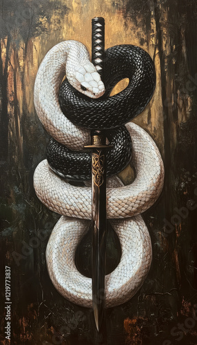 Mythical Black and White Snakes Entwined with Sword in Forest Art – Symbolic, Mystical Illustration