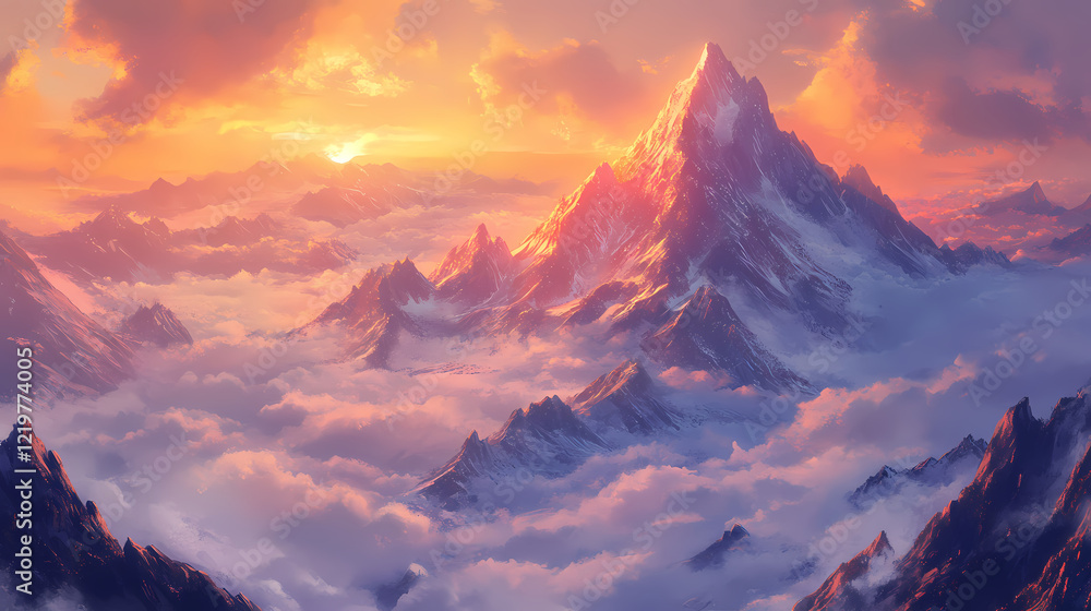 Obraz premium Breathtaking views from mangart peak at stunning sunrise. peaks above clouds. Zenith Valley. Illustration