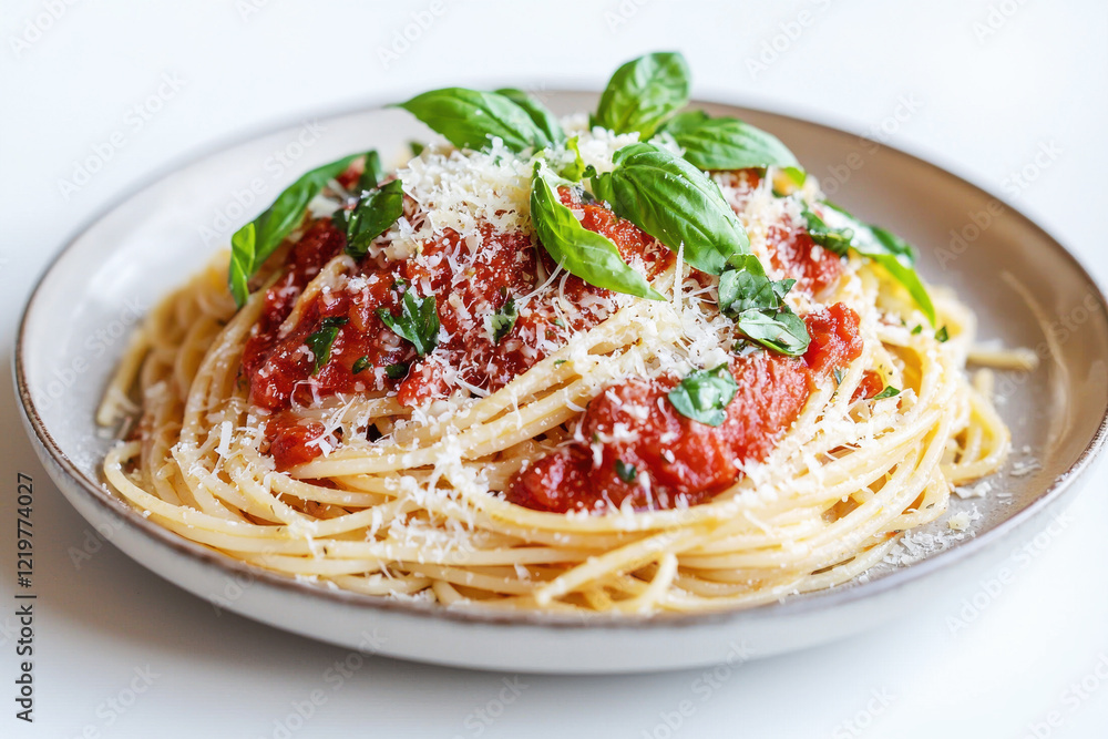 Delicious spaghetti with marinara sauce topped with basil and parmesan cheese on a clean white background Delicious spaghetti with marinara sauce topped with basil and parmesan cheese on a clean white background