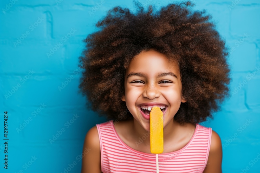 Smiling girl with curly hair enjoying a refreshing ice cream on a stick Smiling girl with curly hair enjoying a refreshing ice cream on a stick