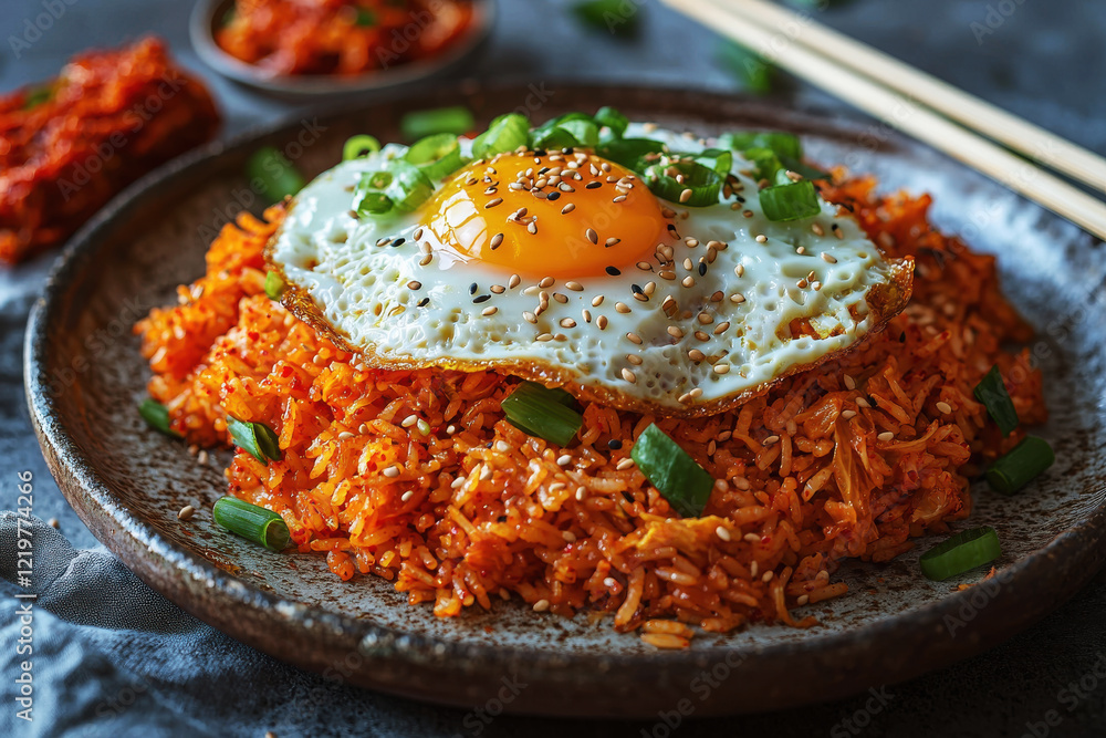 Spicy kimchi fried rice topped with a fried egg and garnished, served in a rustic plate with chopsticks Spicy kimchi fried rice topped with a fried egg and garnished, served in a rustic plate with chopsticks