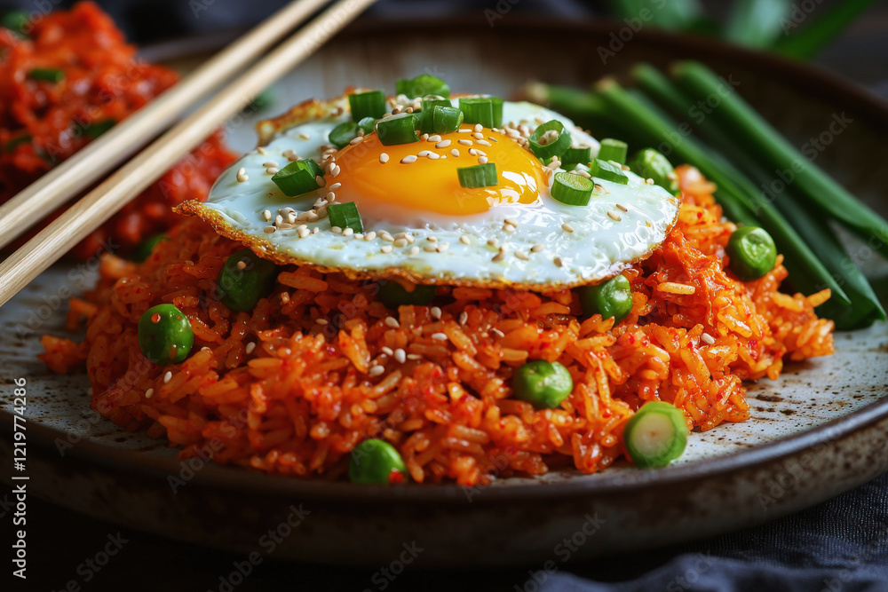 Spicy kimchi fried rice served with a fried egg and garnished with scallions and sesame seeds in vibrant colors Spicy kimchi fried rice served with a fried egg and garnished with scallions and sesame seeds in vibrant colors