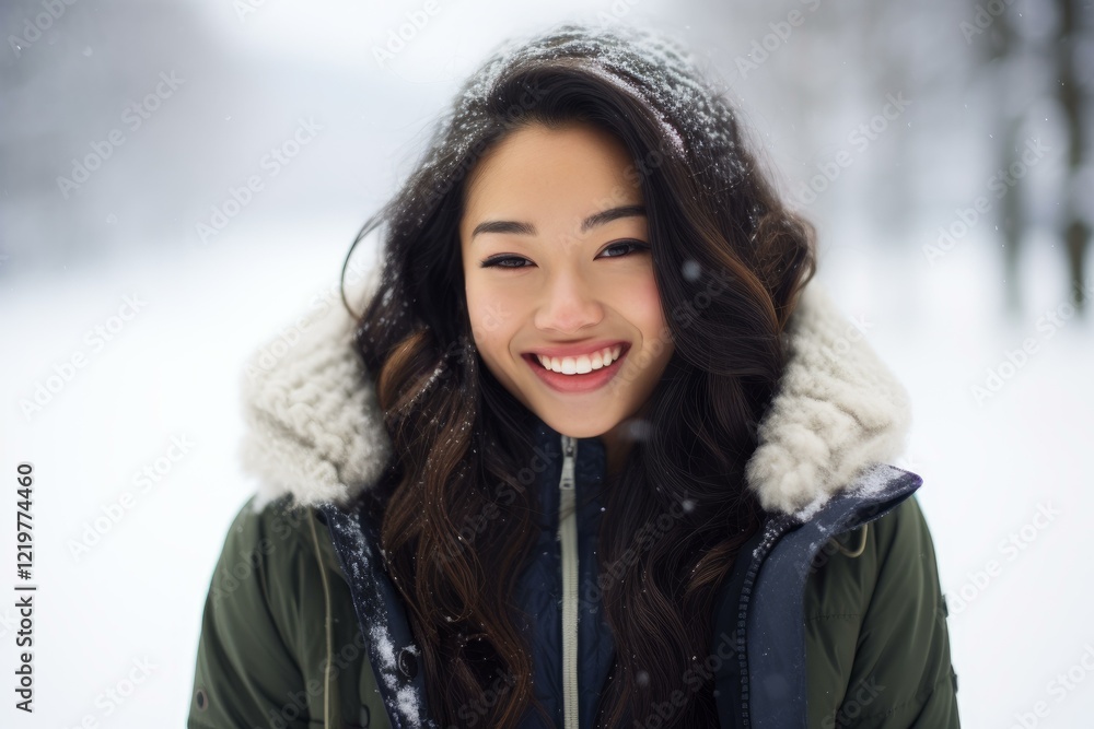 Smiling asian woman enjoying winter snowfall in nature, wearing warm winter coat Smiling asian woman enjoying winter snowfall in nature, wearing warm winter coat