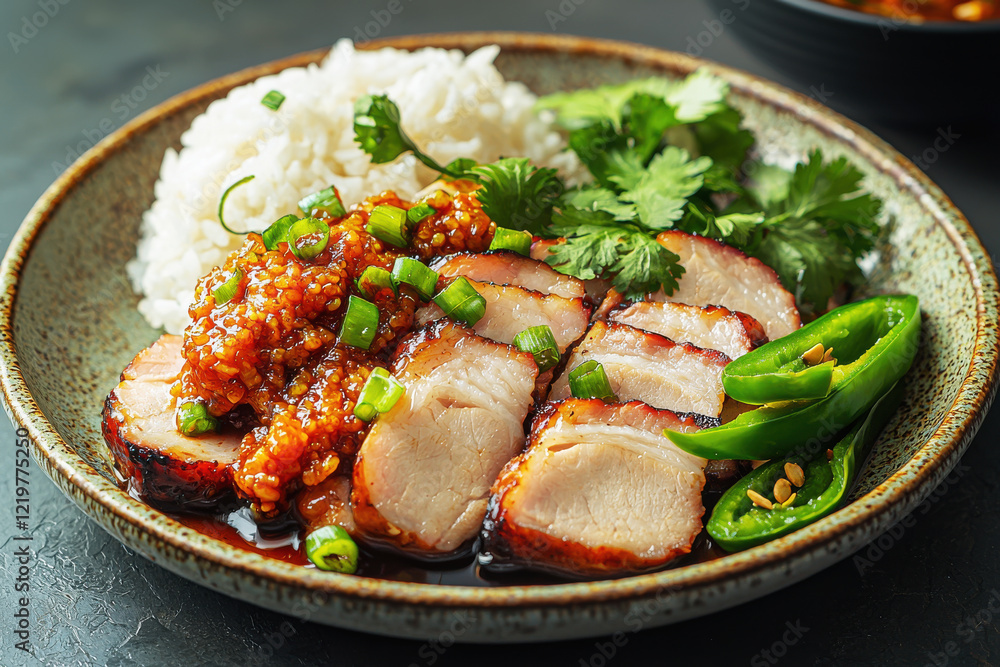 Delicious twice-cooked pork with spicy bean paste and green peppers served with rice on a ceramic plate in bright lighting Delicious twice-cooked pork with spicy bean paste and green peppers served with rice on a ceramic plate in bright lighting