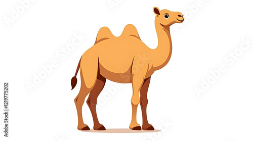A friendly looking camel is depicted standing on a white background. The camel has a long neck, a hump on its back, and large, expressive eyes. Its fur is a warm, sandy brown color