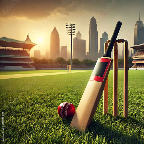 cricket bat and ball place on cricket ground pitch, green grass
 photo