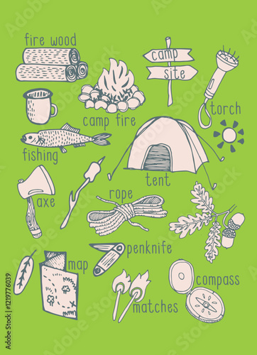 set of Hand-drawn camping equipment doodles on green background with labeled items
