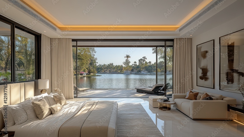 Luxurious bedroom overlooking lake; sunrise view Luxurious bedroom overlooking lake; sunrise view