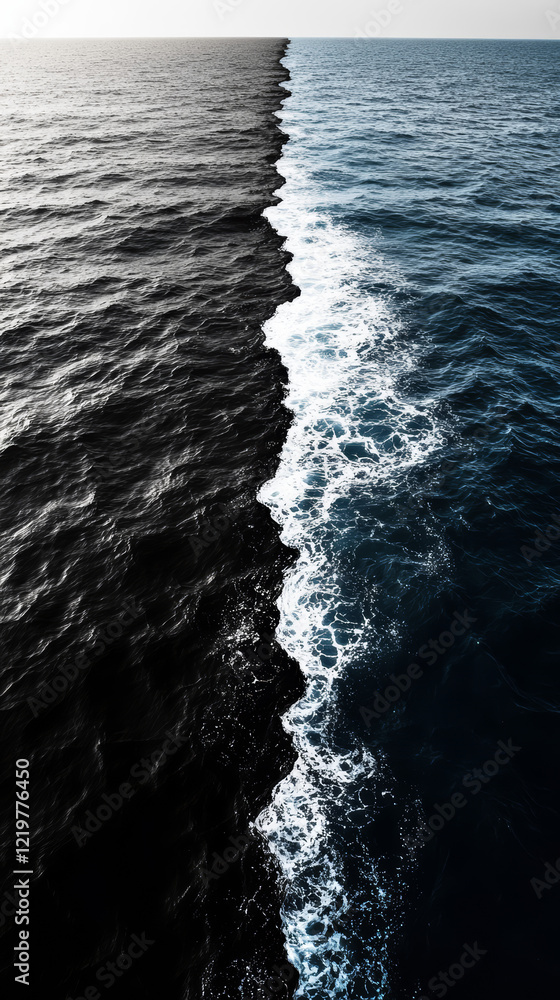 Dramatic seascape seamlessly divided into black waters and vibrant deep blue, symbolizing duality and contrast Dramatic seascape seamlessly divided into black waters and vibrant deep blue, symbolizing duality and contrast