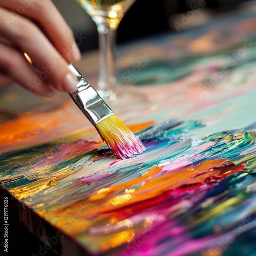 A paintbrush applying colors to a canvas, with a glass of wine, symbolizing sip and paint