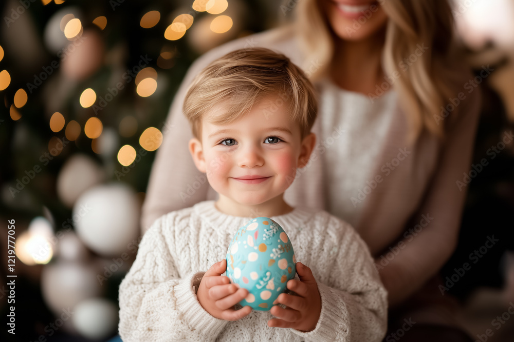 Naklejka premium Joy radiates from a young boy as he presents his colorful hand-painted Easter egg to his parents in a warm and inviting family setting