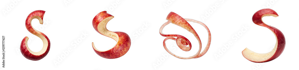 Vibrant red apple peel curled elegantly on white background, cut out collection pack Vibrant red apple peel curled elegantly on white background, cut out collection pack