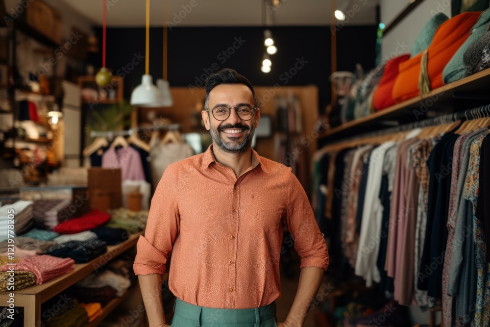 Fototapeta premium Portrait of a confident male shopkeeper smiling in his clothing store, surrounded by colorful garments and accessories