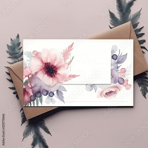 Top view on envelope with tender flowers design and copy space for text. Green leaves on light background. Elegant composition, greeting card concept