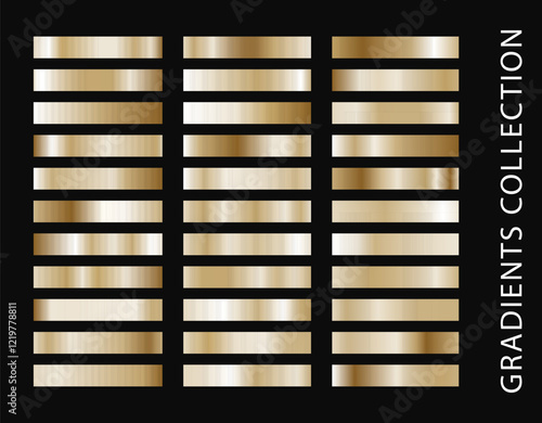 Gold metal gradient collection and gold foil texture set. Shiny vector sillustration for posters, brochure, invitation, wallpaper, flyers, banners.