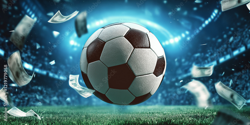 Obraz premium Soccer ball floating over field with money raining down in stadium