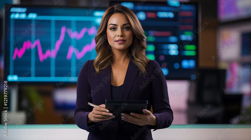 Fototapeta premium Businesswoman analyzing financial data on tablet with stock market charts displayed on screens in background