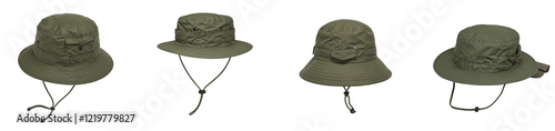 Stylish olive green fishing hat with chin strap and pockets on white, cut out collection pack photo