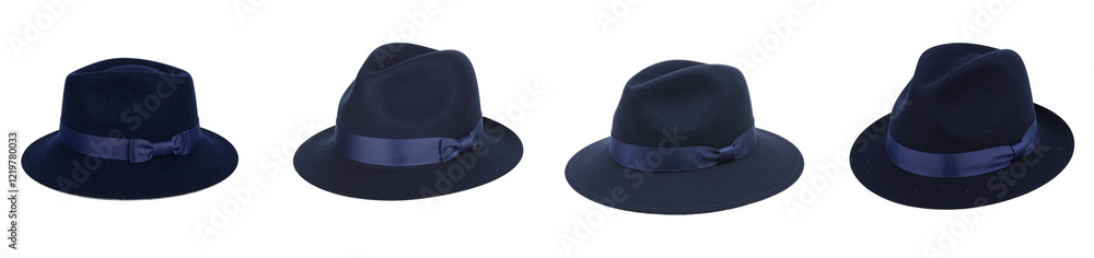 Classic navy fedora hat with wide ribbon band on white background, cut out collection pack Classic navy fedora hat with wide ribbon band on white background, cut out collection pack