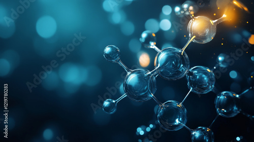 Cluster of spherical molecules in a dreamy teal environment with soft highlights and gentle bokeh lighting