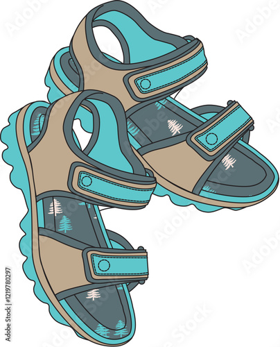 Children’s adventure-themed sandals in blue and gray with velcro straps
