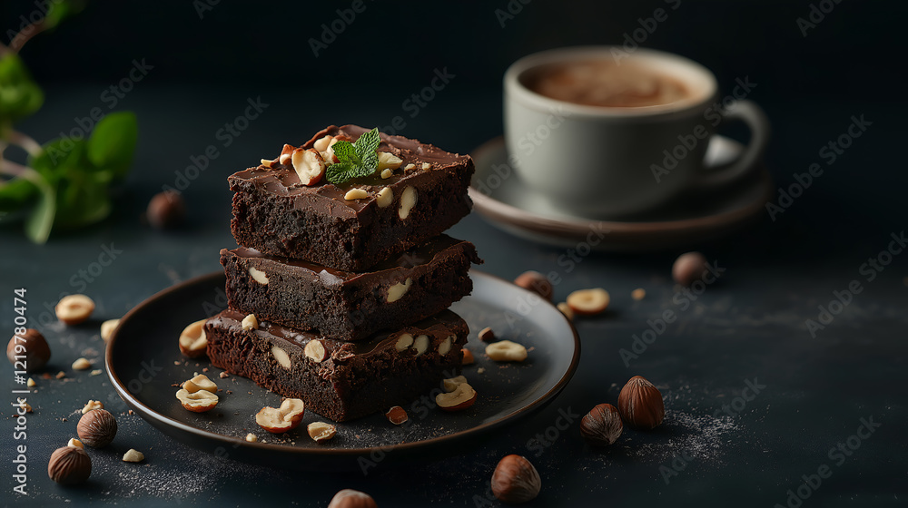 A stack of chocolate brownies with mint and hazelnuts on a dark background with cup of coffee and nuts. The concept of delicious and sweet homemade baked goods A stack of chocolate brownies with mint and hazelnuts on a dark background with cup of coffee and nuts. The concept of delicious and sweet homemade baked goods