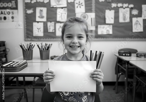 Smiling Child Holding Art Supplies in Classroom