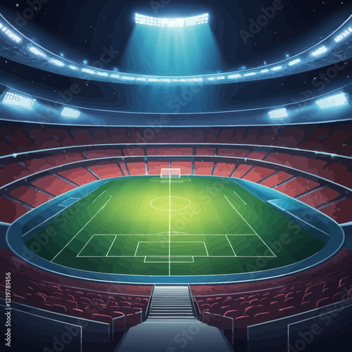 Stadium and stadium lights background. Direction sources, football field floodlights, cold rays, sports field lighting design, Illuminated stage, absolute vector realistic concept